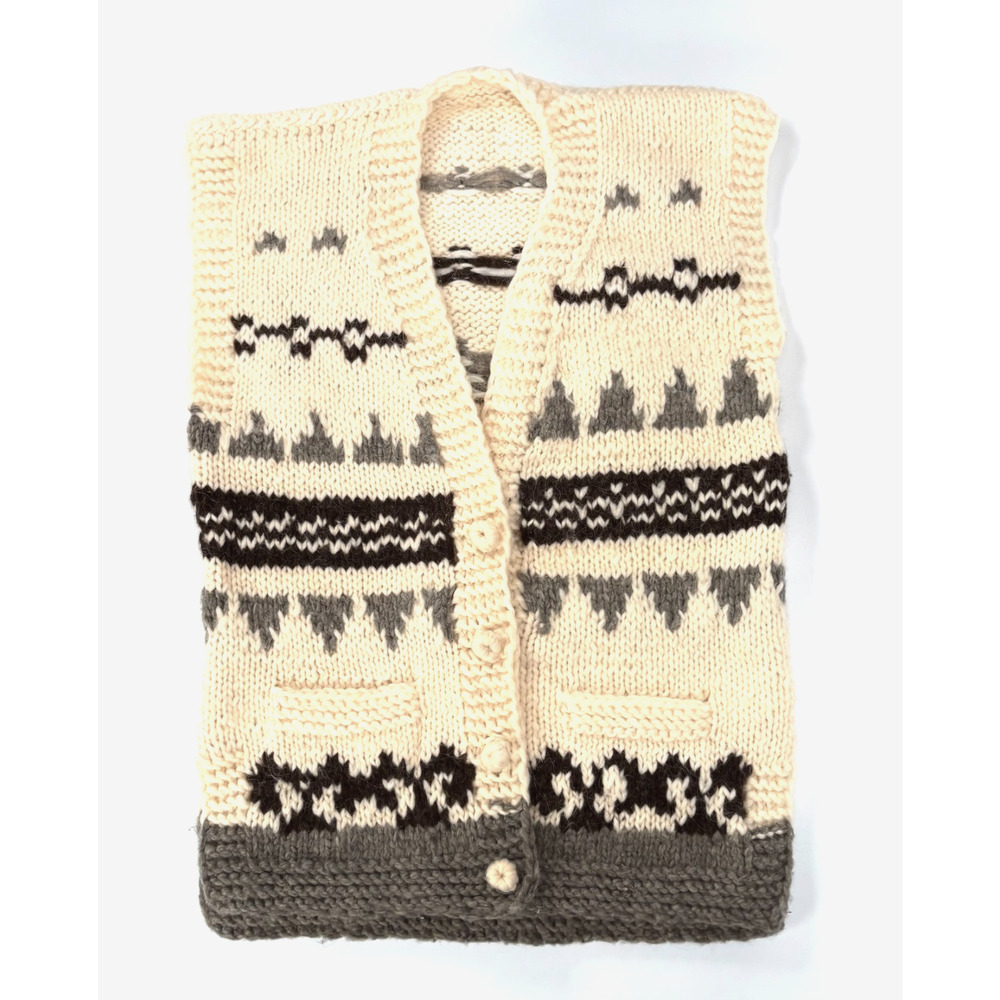 90s VTG Chunky Wool Cardigan Vest Large XL Hand Knit Cottagecore Romania Unisex